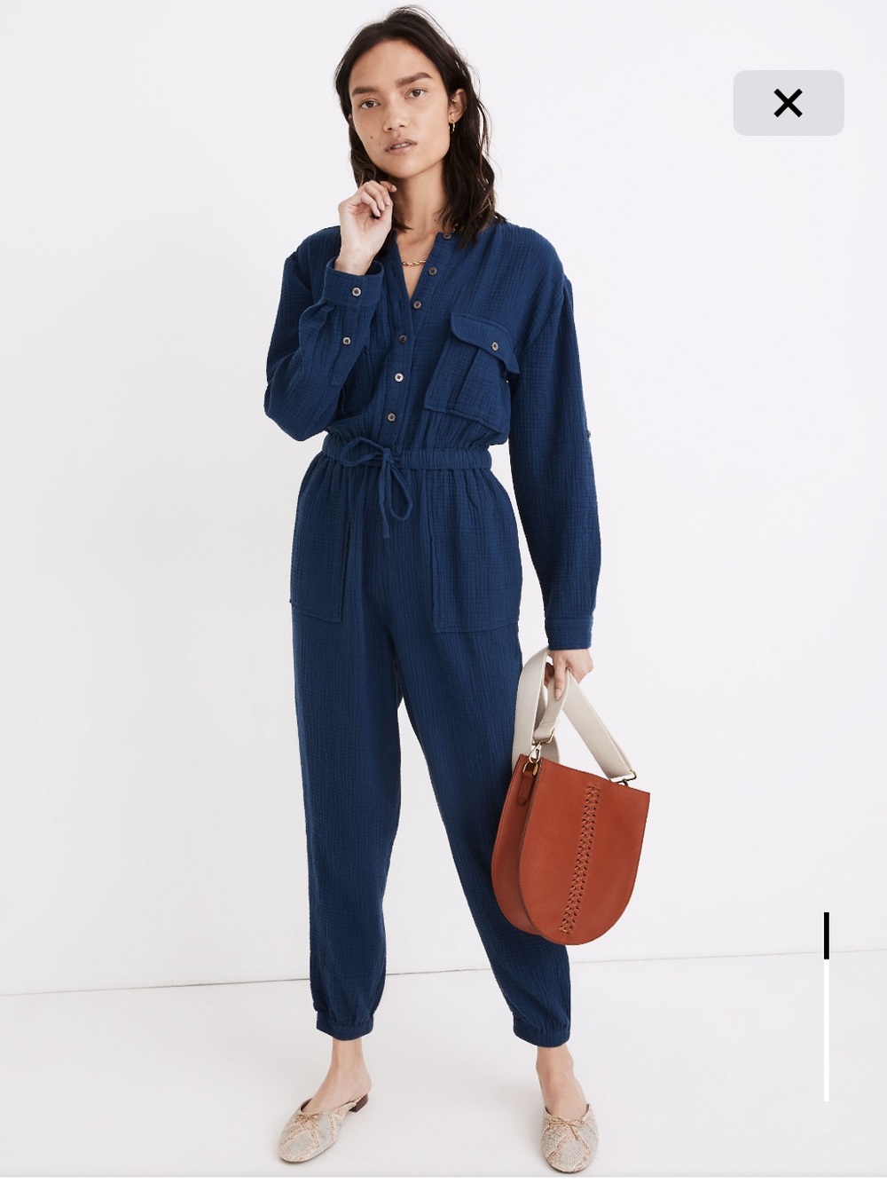 Madewell Navy Long-Sleeve Drawstring Utility Jumpsuit
